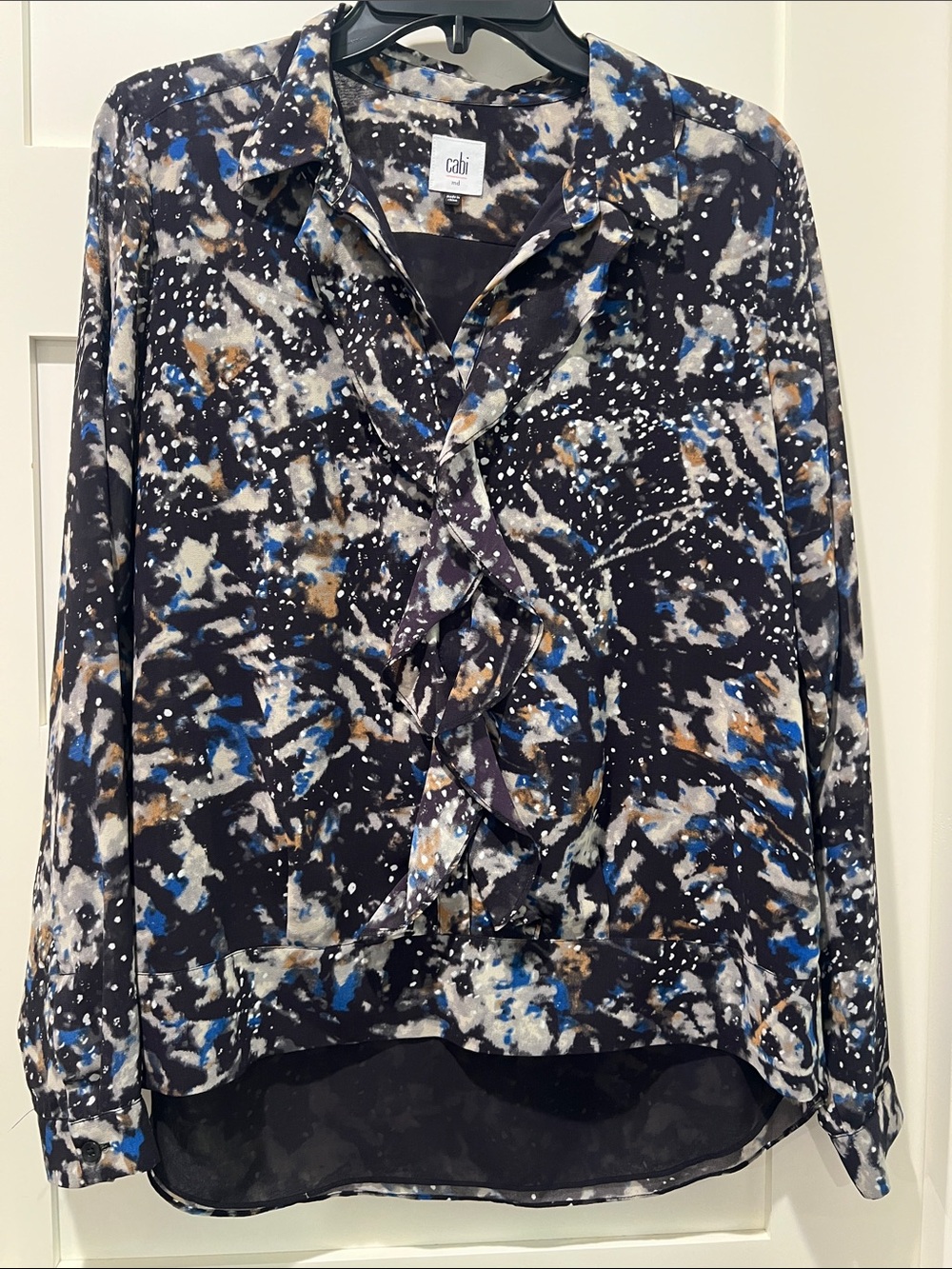 CAbi Black Abstract Ruffle-Front Blouse with Blue & Tan Accents